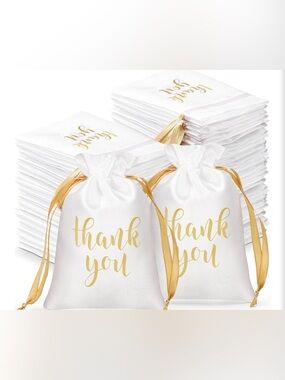 White and Gold 'Thank You' Drawstring Favor Bags - Party Supplies